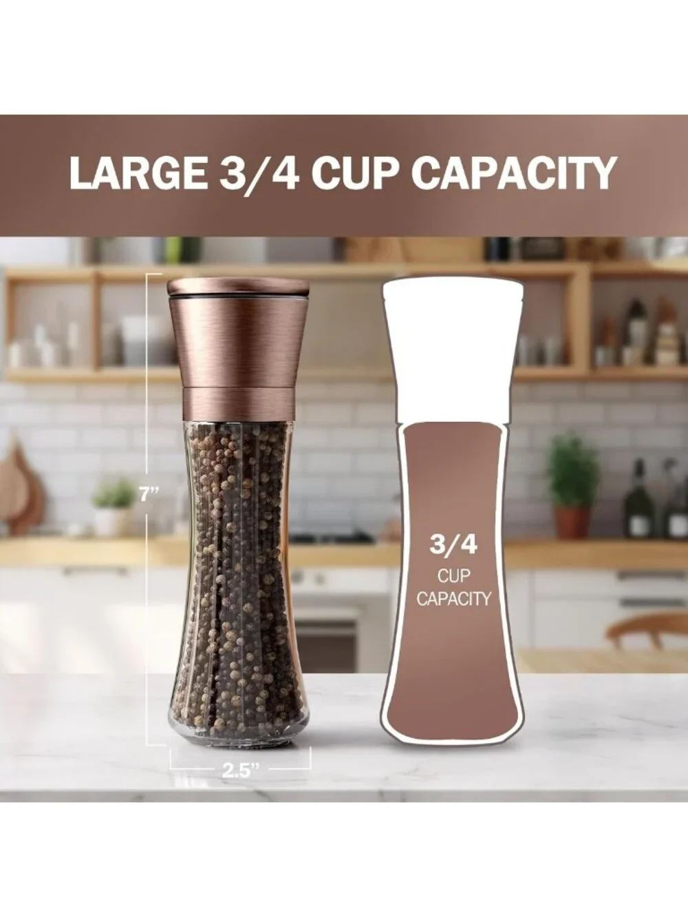 Adjustable Copper Salt & Pepper Grinder Set - Tall Glass Shakers with Funnel